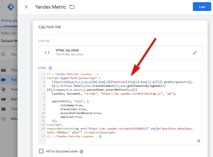 gắn mã yandex metrica bằng google tag manager