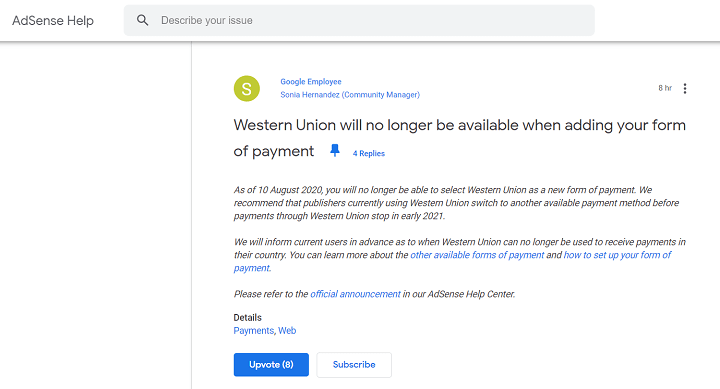 google ngừng thanh toán qua western union
