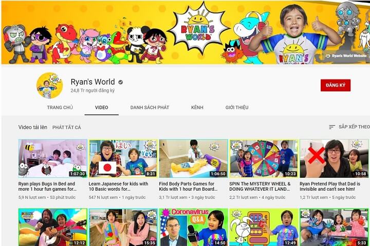 kênh youtube của ryan world