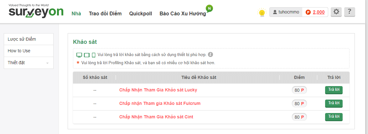 các trang trả lời khảo sát online tại việt nam