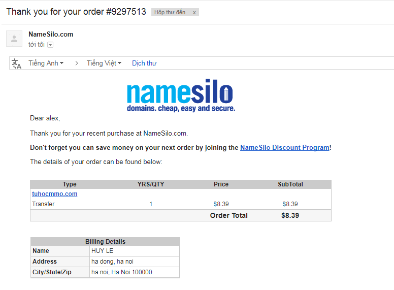 hướng dẫn transfer tên miền từ 1&1 tới namesilo